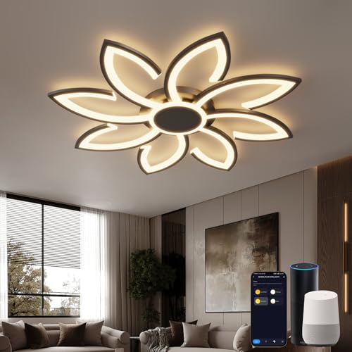 Smart WiFi Deckenlampe Wohnzimmer Kompatibel mit Alexa und Google Home, Φ80cm Wohnzimmerlampe Decke Modern, Led Deckenleuchte Blume Dimmbar, für Wohnbereich, Schwarz von Lanmorn