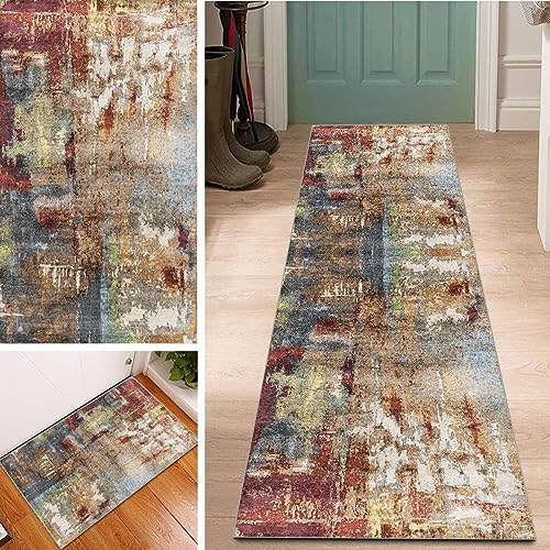 Abstrakte Teppich Läufer Waschbar rutschfest 80x180cm Vintage Bunter Lang Läufer Flur, Polyester Dauerhaft Flur Teppich Meterware Fur Korridor Wohnzimmer Schlafzimmer Anpassbar von Lanmuvo