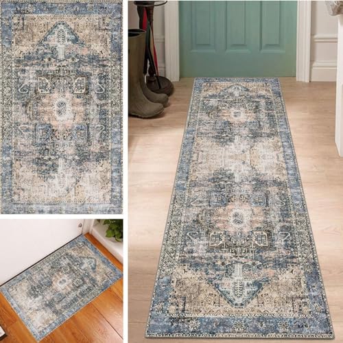 Boho Blau Läufer Teppich Lang Flur Küche 120x600cm, rutschfest Waschbar Vintage Klassisch Muster Korridor TeppichLäufer Polyester Teppichmatte Dauerhaft, Anpassbar Meterware von Lanmuvo