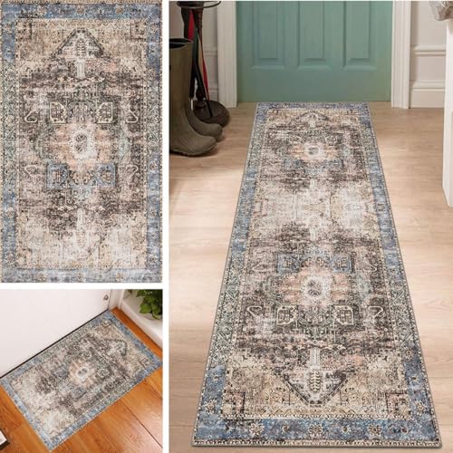 Boho Braun Läufer Teppich Lang Flur Küche 80x140cm, rutschfest Waschbar Vintage Klassisch Muster Korridor TeppichLäufer Polyester Teppichmatte Dauerhaft, Anpassbar Meterware von Lanmuvo