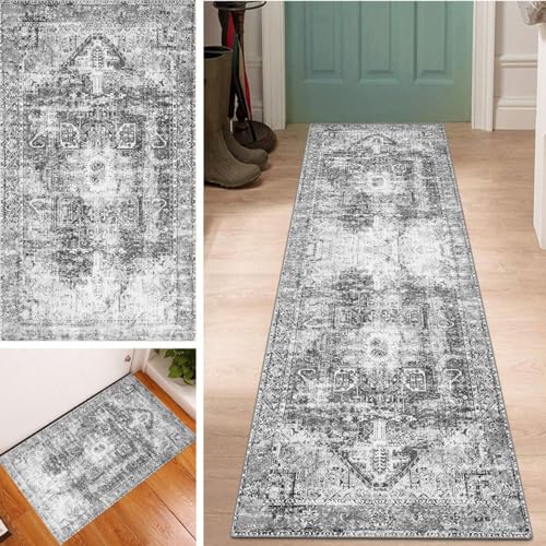 Boho Grau Läufer Teppich Lang Flur Küche 80x300cm, rutschfest Waschbar Vintage Klassisch Muster Korridor TeppichLäufer Polyester Teppichmatte Dauerhaft, Anpassbar Meterware von Lanmuvo