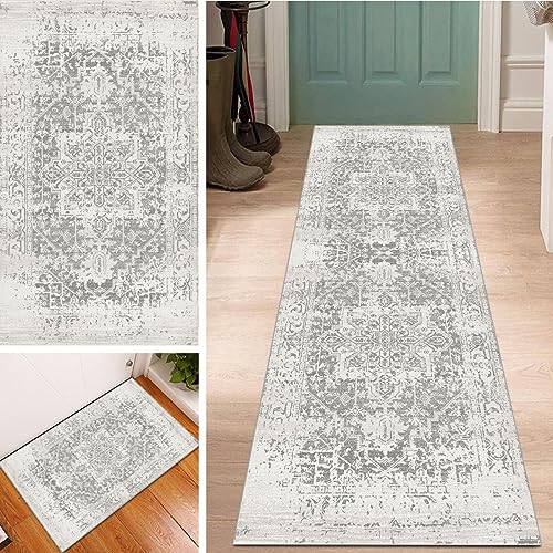 Boho Teppich Läufer Waschbar rutschfest 100x500cm Klassisch Vintage Muster Grau Lang Läufer Flur, Polyester Dauerhaft Flur Teppich Meterware Fur Korridor Wohnzimmer Schlafzimmer Anpassbar von Lanmuvo