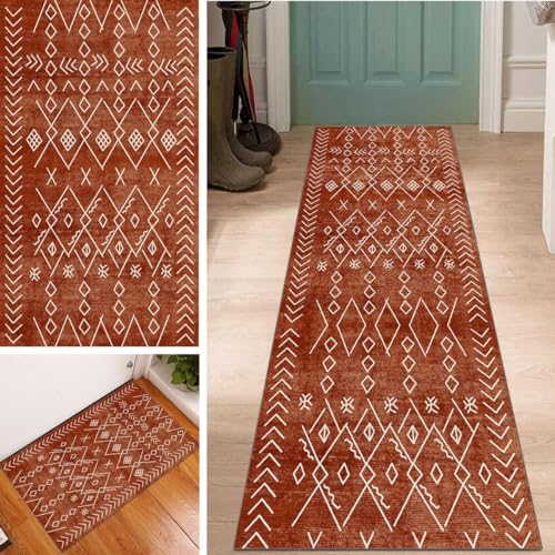 Läufer Teppich Lang Flur rutschfest Waschbar 100x450cm Modern Marokko Style Rot Küchen Korridor TeppichLäufer Polyester Teppichmatte Dauerhaft, Anpassbar Küchenteppich Meterware von Lanmuvo