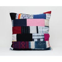 Hill Tribe Stoff Patchwork Kissen 40x40 cm Stickerei Ethno Textil Hanf Indigo Batik Baumwolle Gestreift Weben Kapok Füllwatte #ptc von LannaPassa