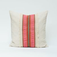 Vintage Gesticktes Hill Tribe Hanf Kissen Dekokissen/Kissenbezug 18x18" Oatmeal Rustikal Natur Patch Textil Rustikale Quaste Pink von LannaPassa