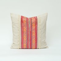 Vintage Gesticktes Hill Tribe Hanf Kissen Dekokissen/Kissenbezug 18x18" Oatmeal Rustikal Natur Patch Textil Rustikale Quaste Pink von LannaPassa