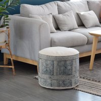 Vintage Hill Tribe Hanf & Baumwollstoff Ottoman Pouf Hmong Pouffe 18x14 "Oatmeal Blau Rustikales Kissen Runde Kapok Natureinsatz Textil von LannaPassa
