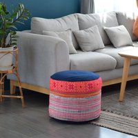 Vintage Hill Tribe Stoff Ottoman Pouf Hmong Pouffe 18x14" Pink Weiß Blau Rustikales Kissen Rund Batik Kapok Natur Einlage Textil von LannaPassa