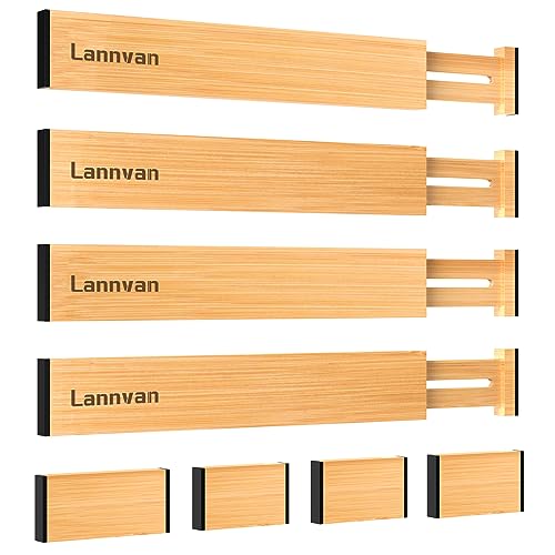 Lannvan Schubladentrenner Verstellbar, 4er-Set Schubladenteiler aus Natürlichem Bambus - Gefedert, Schubladen Trennsystem für Küche, Kommode,Kleidung,Badezimmer,34-43.5 cm,Natur von Lannvan