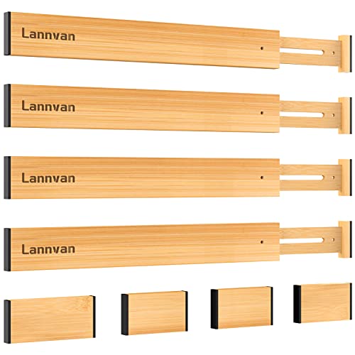 Lannvan Schubladentrenner Verstellbar, 4er-Set Schubladenteiler aus natürlichem Bambus,Schubladen organizer - Gefedert,Schubladen Trennsystem für Küche,Kommode,Kleidung,Badezimmer,42.8-56.3 cm,Natur von Lannvan