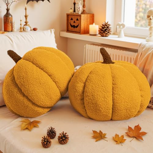 Lanpn 2 Stück Herbst kürbis Kissen, Halloween Deko Plüsch Kürbis dekokissen Plüschiges 3D Kürbisoptik Kürbiskissen für Herbst Thanksgiving Schlafzimmer Sofa Couch (Kurkuma, 36x26 cm) von Lanpn