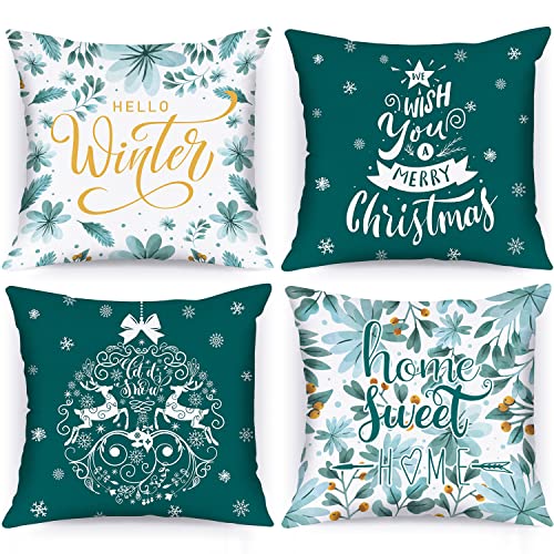 Lanpn 4 Stück Kissenbezug Weihnachten Kissenhülle 40x40 cm, Merry Christmas Winterliche Dekorative Weihnachtskissen für Weihnachtsdeko Christmas Bettwäsche Sofa Decorations (Teal) von Lanpn