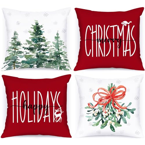 Lanpn 4 Stück Kissenbezug Weihnachten Kissenhülle 40x40 cm, Moderne Winterliche Wald Dekorative Weihnachtskissen 40 x 40 für Weihnachtsdeko Christmas Bettwäsche Sofa Decorations (Rot) von Lanpn