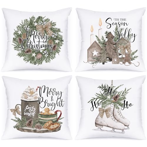 Lanpn 4 Stück Kissenbezug Weihnachten Kissenhülle 50x50 cm, Retro Rustikal Lebkuchenmann Bauernhaus Kranz Dekorative Weihnachtskissen 50 x 50 für Weihnachtsdeko Christmas Bettwäsche Sofa Decorations von Lanpn