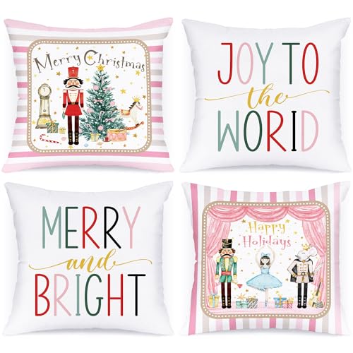 Lanpn 4 Stück Rosa Nussknacker Kissenbezug Weihnachten Kissenhülle 45x45 cm, Nussknacker Dekorative 45 cm Weihnachtskissen für Weihnachtsdeko Christmas Bettwäsche Sofa Decorations (Rosa) von Lanpn