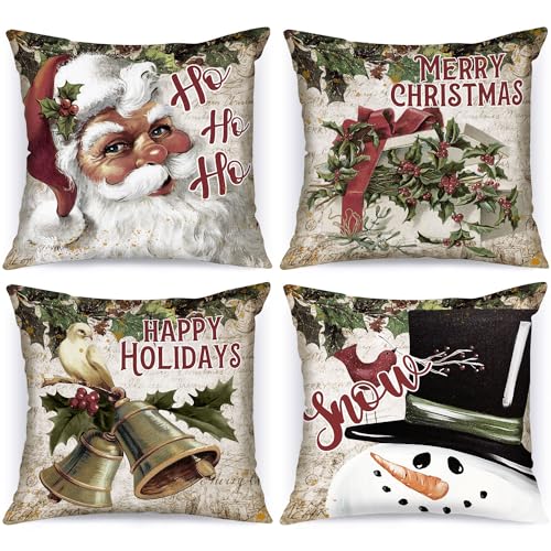 Lanpn 4 Stück Vintage Kissenbezug Weihnachten Kissenhülle 50x50 cm, Retro Rustikal Weihnachtsmann Schneemann Dekorative Weihnachtskissen 50 x 50 für Weihnachtsdeko Christmas Bettwäsche Sofa Decoration von Lanpn