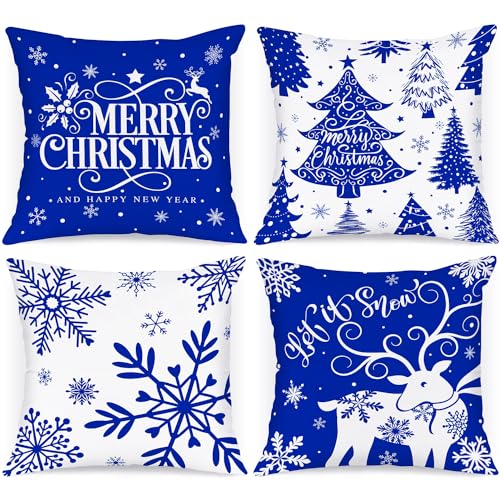 Lanpn 4 Stück Weiß und Blau Kissenbezug Weihnachten Kissenhülle 40x40 cm, Winterliche Schneeflocken Dekorative Weihnachtskissen für Weihnachtsdeko Christmas Bettwäsche Sofa Decorations (Dunkelblau) von Lanpn