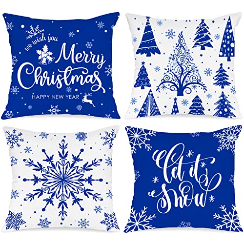 Lanpn 4 Stück Weiß und Blau Kissenbezug Weihnachten Kissenhülle 45x45 cm, Winterliche Schneeflocken Dekorative Weihnachtskissen für Weihnachtsdeko Christmas Bettwäsche Sofa Decorations (Blau) von Lanpn