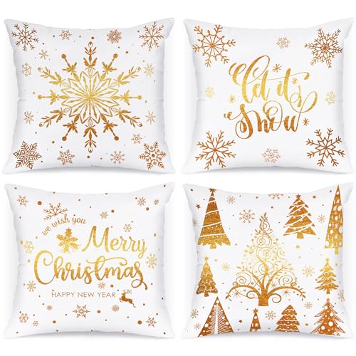 Lanpn 4 Stück Weiß und Gold Kissenbezug Weihnachten Kissenhülle 50x50 cm, Winterliche Schneeflocken Dekorative Weihnachtskissen für Weihnachtsdeko Christmas Bettwäsche Sofa Decorations (Gold) von Lanpn