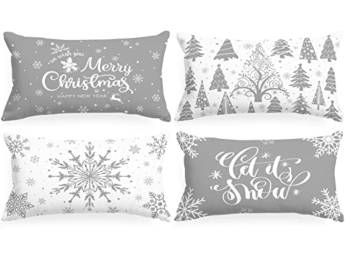 Lanpn 4 Stück Weiß und Grau Kissenbezug Weihnachten Kissenhülle 30x50 cm, Winterliche Schneeflocken Dekorative Weihnachtskissen für Weihnachtsdeko Christmas Bettwäsche Sofa Decorations (Grau) von Lanpn