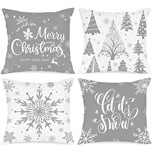 Lanpn 4 Stück Weiß und Grau Kissenbezug Weihnachten Kissenhülle 45x45 cm, Winterliche Schneeflocken Dekorative Weihnachtskissen für Weihnachtsdeko Christmas Bettwäsche Sofa Decorations (Grau) von Lanpn