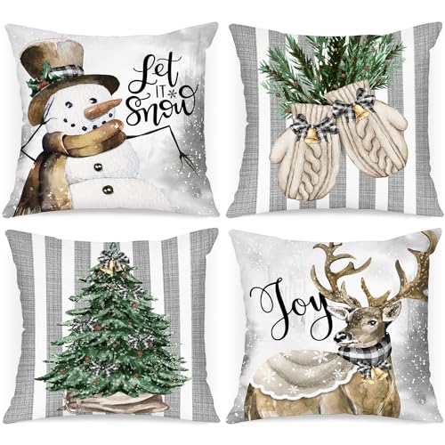 Lanpn 4 Stück Weiß und Grau Kissenbezug Weihnachten Kissenhülle 50x50 cm, Winter Schneemann Handschuhe Elch Eukalyptus Dekorative Weihnachtskissen Weihnachtsdeko Christmas Bettwäsche Sofa Decorations von Lanpn