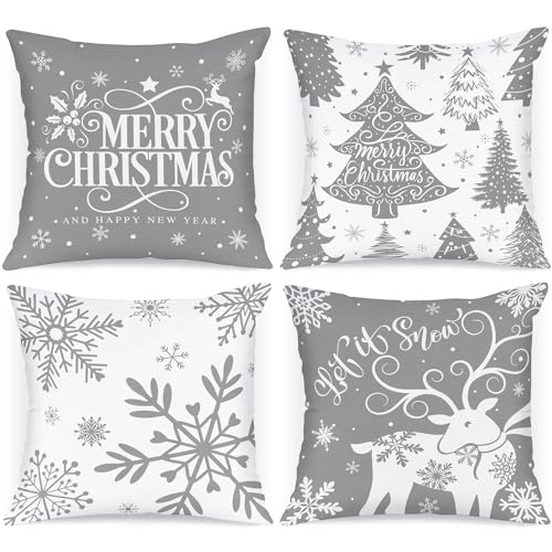 Lanpn 4 Stück Weiß und Grau Kissenbezug Weihnachten Kissenhülle 60x60 cm, Winterliche Schneeflocken Dekorative Weihnachtskissen für Weihnachtsdeko Christmas Bettwäsche Sofa Decorations (Grau) von Lanpn