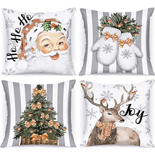 Lanpn 4 Stück Weiß und Grau Vintage Kissenbezug Weihnachten Kissenhülle 45x45 cm, Retro Rustikal Weihnachtsmann Dekorative Weihnachtskissen für Weihnachtsdeko Christmas Bettwäsche Sofa Decorations von Lanpn