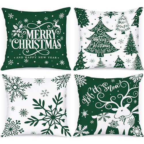 Lanpn 4 Stück Weiß und Grün Kissenbezug Weihnachten Kissenhülle 40x40 cm, Winterliche Schneeflocken Dekorative Weihnachtskissen für Weihnachtsdeko Christmas Bettwäsche Sofa Decorations (Grün) von Lanpn