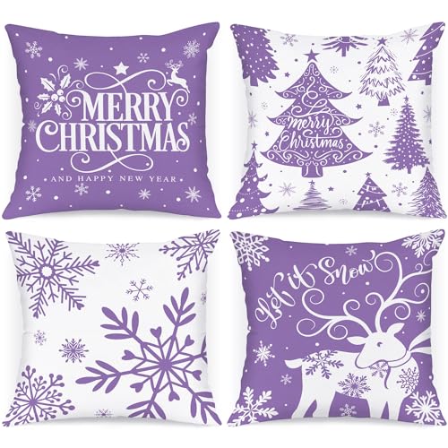 Lanpn 4 Stück Weiß und Lila Kissenbezug Weihnachten Kissenhülle 45x45 cm, Winterliche Schneeflocken Dekorative Weihnachtskissen für Weihnachtsdeko Christmas Bettwäsche Sofa Decorations (Violett) von Lanpn