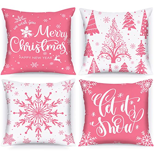 Lanpn 4 Stück Weiß und Rosa Kissenbezug Weihnachten Kissenhülle 40x40 cm, Winterliche Schneeflocken Dekorative Weihnachtskissen für Weihnachtsdeko Christmas Bettwäsche Sofa Decorations (Rosa) von Lanpn