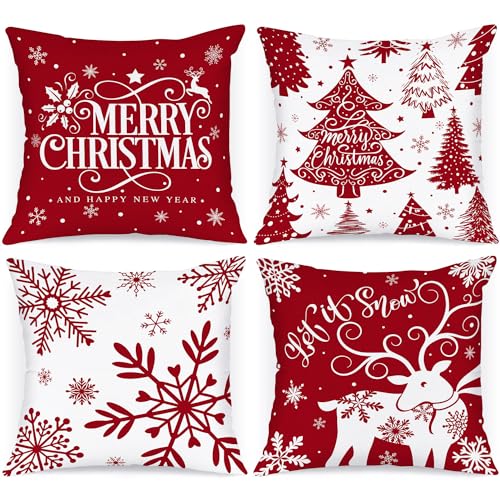 Lanpn 4 Stück Weiß und Rot Kissenbezug Weihnachten Kissenhülle 45x45 cm, Winterliche Schneeflocken Dekorative Weihnachtskissen für Weihnachtsdeko Christmas Bettwäsche Sofa Decorations (Rot) von Lanpn