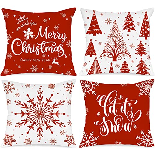 Lanpn 4 Stück Weiß und Rot Kissenbezug Weihnachten Kissenhülle 55x55 cm, Winterliche Schneeflocken Dekorative Weihnachtskissen für Weihnachtsdeko Christmas Bettwäsche Sofa Decorations (Rot) von Lanpn