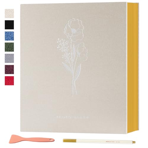 Lanpn Fotoalbum Selbstklebend Einkleben Scrapbook, Leinen Groß Weiße Seiten Fotobuch zum Selbstgestalten mit Metallischer Stift 10x15 13x18 A5Bilder Kleine-40 Blatt/80 Seiten,Beige von Lanpn