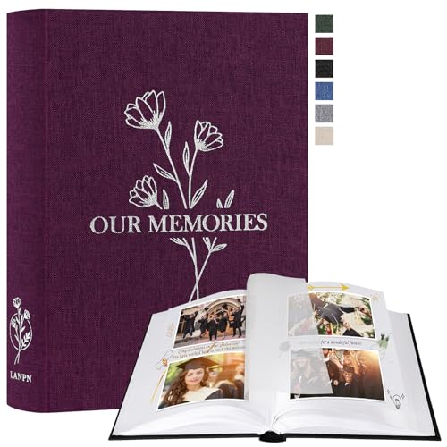 Lanpn Fotoalbum zum Selbstgestalten Einkleben, Kleines OUR MEMORIES Leinen Fotobuch 100 weißen Seiten mit Pergamin Trennblätter Fasst 9x13 10x15 13x18cm Fotos (19x27 cm, Lila) von Lanpn