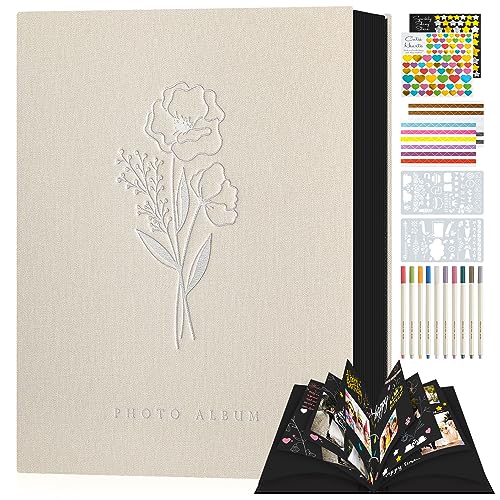 Lanpn Fotobuch zum Selbstgestalten 80 Schwarze Seiten, Leinen DIY Scrapbook Album mit 10 Metall Stifte als Geschenk zum Hochzeitstag, Weihnachte, Geburtstag Freunde und Familie (Beige, 22,5x29,5cm) von Lanpn