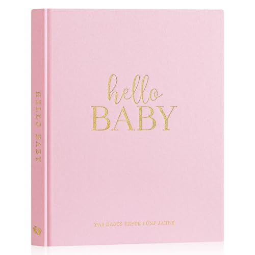 Lanpn Hello Baby Erstes 5 Jahr Babytagebuch für Mädchen Junge - Leinen Hardcover Baby Tagebuch zum Eintragen Babybuch für neue Eltern - Baby Album Baby Erinnerungsbuch Geschenk (Rosa, 154 Seiten) von Lanpn