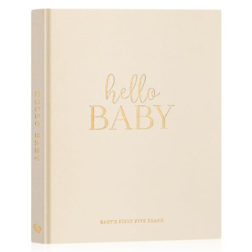 Lanpn Hello Baby Erstes 5 Jahr Babytagebuch für Mädchen Junge, Leinen Hardcover Baby Tagebuch zum Eintragen Babybuch 154 Seiten für neue Eltern, Baby Erinnerungsbuch Album Geschenk, Beige, Englisch von Lanpn
