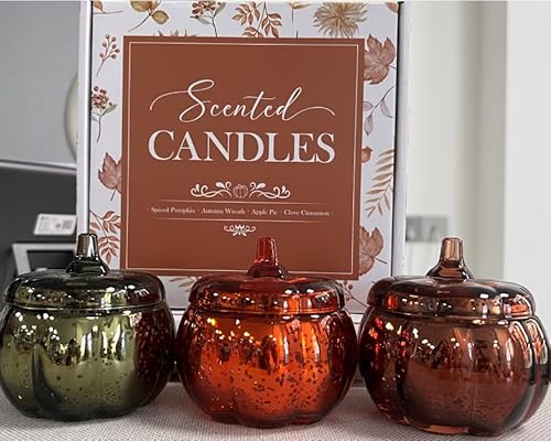 Lanpn Herbst Duftkerzen im Glas Set 3 St Aromatherapie Soja Wachs Kerzen Geschenk für Erntedankfest Duftkerze Party Geburtstag Orange Kürbis Kerze Thanksgiving Tisch Zimmer Hause Dekor Scented Candle von Lanpn