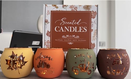 Lanpn Herbst Duftkerzen im Glas Set 4 St Aromatherapie Soja Wachs Kerzen Geschenk für Erntedankfest Duftkerze Party Geburtstag Orange Kerze Thanksgiving Tisch Zimmer Hause Dekor Scented Candle von Lanpn