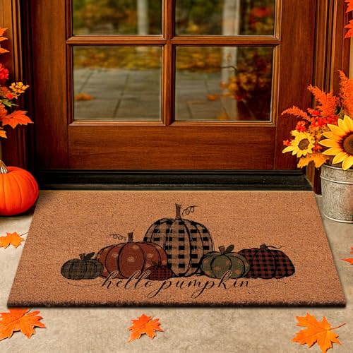 Lanpn Herbst Fußmatte, Kürbis Kokosmatte, rutschfeste Thanksgiving Türmatte für Haustür, Kokos Schmutzfangmatte Innen Außen Fussmatte Waschbar Eingangsbereich Matte Hello Pumpkin Door Mat, 42x75 cm von Lanpn