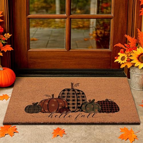 Lanpn Herbst Fußmatte Kürbis Kokosmatte, rutschfeste Thanksgiving Türmatte für Haustür, Kokos Schmutzfangmatte Innen Fussmatte Außen Waschbar Eingangsbereich Matte Hello Fall Pumpkin Doormat 42x75 cm von Lanpn