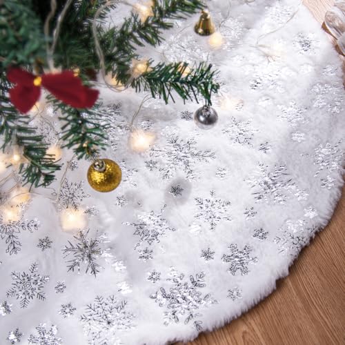 Lanpn Weihnachtsbaum Decke Christbaumdecke 90 cm, Groß Kunstfell Schneeflocken Rund Tannenbaum Decke Unterlage Teppich, Weihnachtsbaumdecke für Christbaumschmuck Weihnachtsdeko (Silber, 90cm) von Lanpn