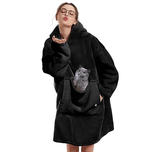 Decke Hoodie Sweatshirt Oversized,Plüsch Flauschig Kuscheldecke mit Tasche,Einheitsgröße Sherpa Kapuzenpullover für Damen Herren,Flanell Fleece TV-Decke mit Ärmel,Tragbar Ganzkörperdecke,Schwarz von Lanqinglv