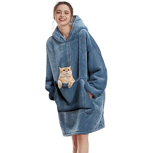 Decke Hoodie Sweatshirt Oversized,Plüsch Flauschig Kuscheldecke mit Tasche,Einheitsgröße Sherpa Kapuzenpullover für Damen Herren,Flanell Fleece TV-Decke mit Ärmel,Tragbar Ganzkörperdecke,Blau von Lanqinglv