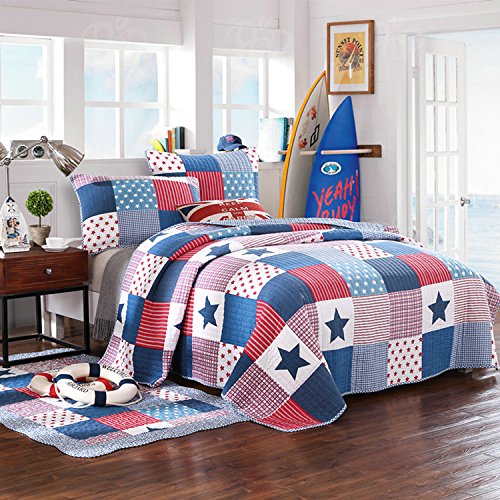 Lanqinglv 100% Baumwolle Tagesdecke 200x230cm Kinder Sterne Muster Patchwork Bettüberwurf Gesteppt Tagesdecke Quilt mit Kissenbezug Set Bettdecke Steppdecke von Lanqinglv