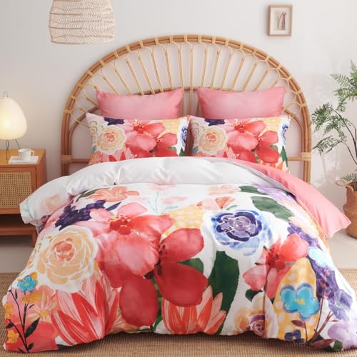 Lanqinglv 2er Set Kissenbezug 40x80 cm Rot Bunt Blumen Wende Kissenbezug Kissenhülle Blumen Vintage Kopfkissenbezug mit Reißverschluss von Lanqinglv