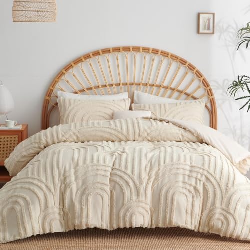 Lanqinglv Beige Bettwäsche 200x200cm Boho Getuftet Exquisite Handgefertigt Stickerei Geometrisch Chic Getuftet Vintage Bettbezug Doppelbett mit Reißverschluss und 2 Kissenbezüge 80x80cm von Lanqinglv