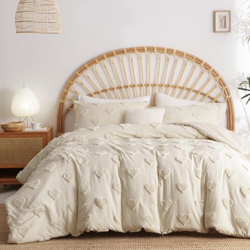 Lanqinglv Beige Bettwäsche 200x200cm Boho Getuftet Exquisite Handgefertigt Stickerei Herz Muster Chic Getuftet Vintage Bettbezug Doppelbett mit Reißverschluss und 2 Kissenbezüge 80x80cm von Lanqinglv