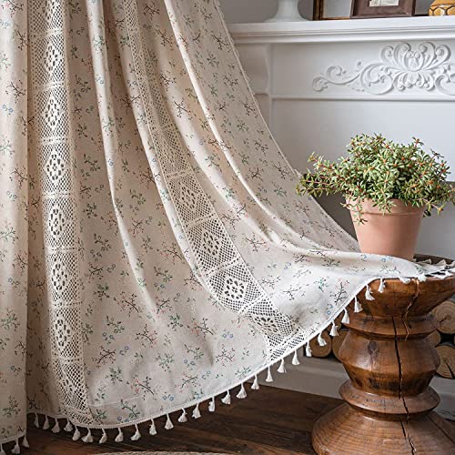 Lanqinglv Beige Vorhänge Boho Blickdicht Blumen Spitze Gardinen mit Quaste Baumwolle Leinen Landhausstil Häkeln Stricken Gardinen Vorhang für Küche Wohnzimmer Schlafzimmer,1 Stück,B132xH160cm von Lanqinglv